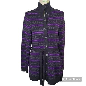 CHAPS Ralph Lauren Size Medium Black Purple Longline Button Cardigan Sweater
